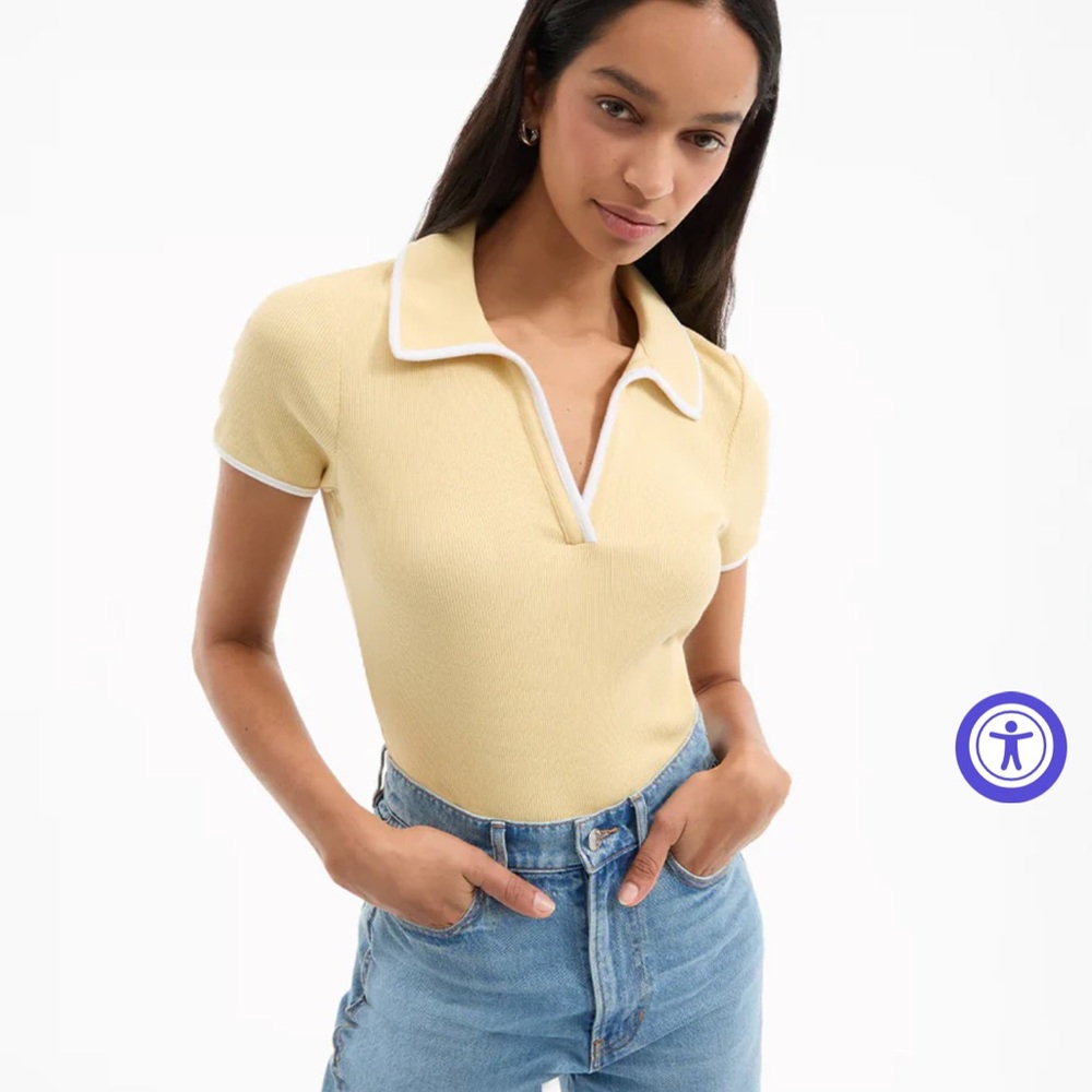 Veronica Beard Pale Yellow Short-Sleeve Polo Top with White Trim